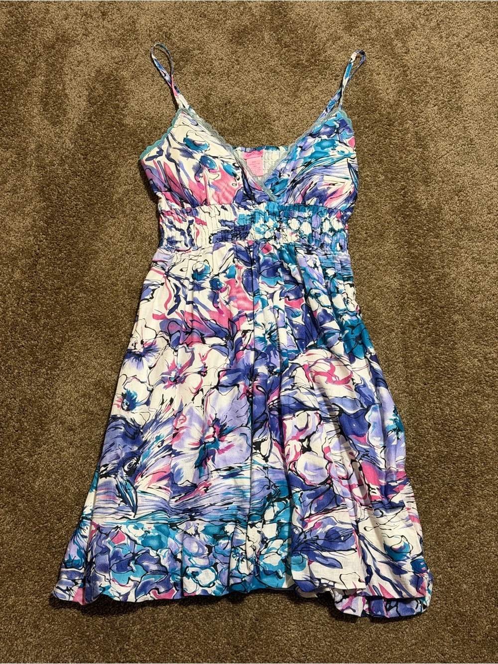 She's Cool Blue & Pink Floral Smocked Mini Dress